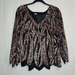 Oleg Cassini Black Tie Black Jewel Beaded Sequin Silk Top sz M ? Vneck scalloped